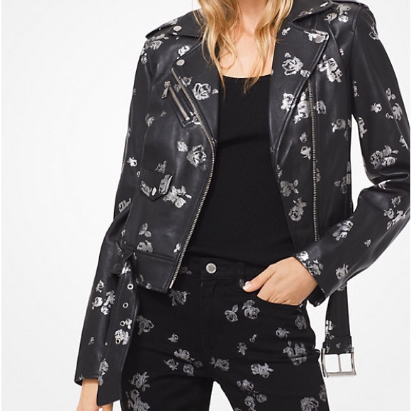 Michael Kors Black Leather Jacket with Silver Floral Design Retail 595 - Picture 1 of 13
